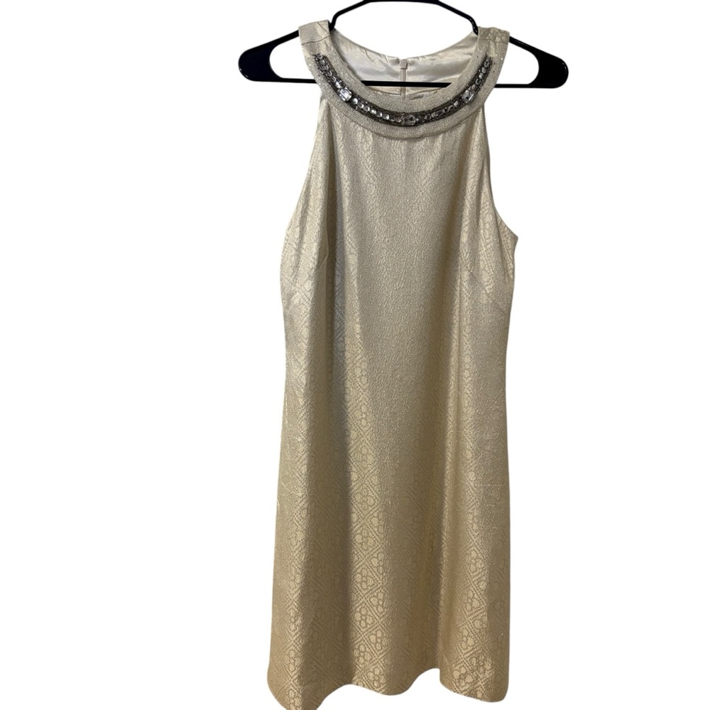 ABS Allen Schwartz  VTG 60’s Cream Elegant Mini Dress Silver Gold Accents Size 8